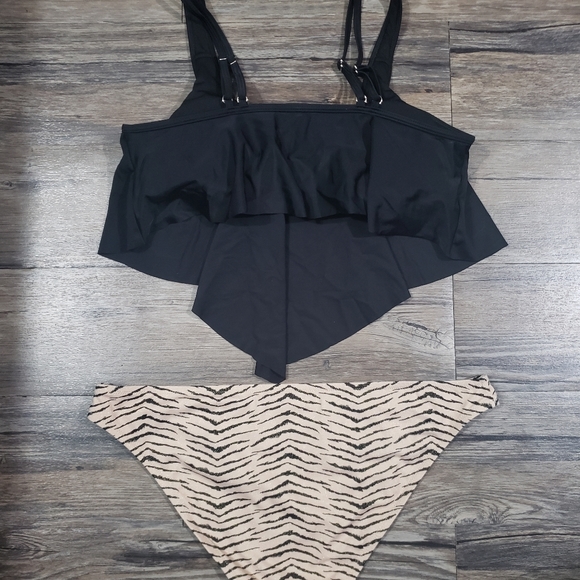 Zebra Animal Print Bikini Set Size XL Romantic Flounce Swimsuit Set Black - Picture 2 of 4